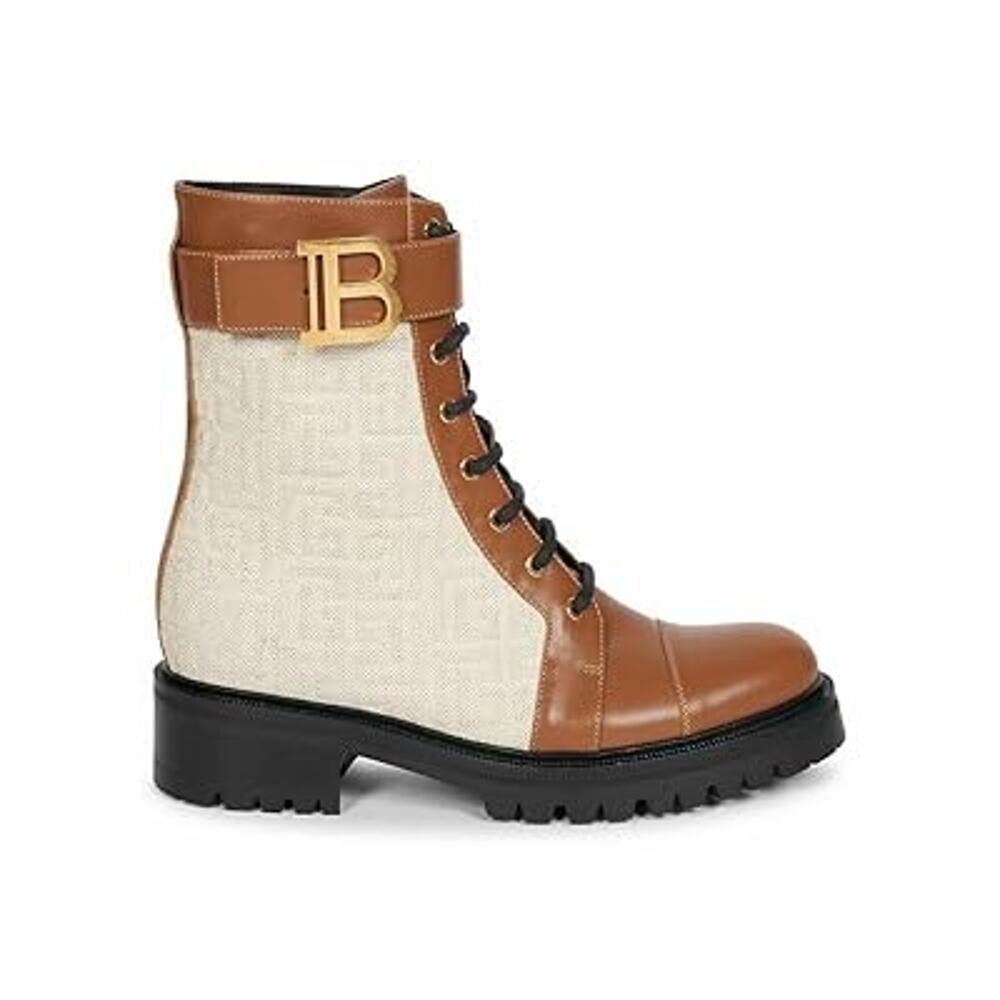 Balmain Ranger Romy Monogram Canvas Leather Combat Boots Nature Cognac EU 40